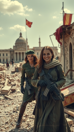 A soldier woman protects city with partner.