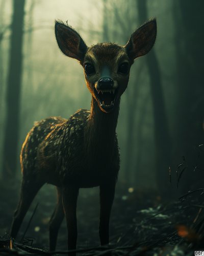 A spooky forest with a scary deer