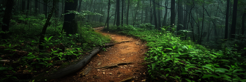 A spooky night time trail in the woods.