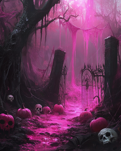 A spooky pink forest with skulls and jack-o-lanterns