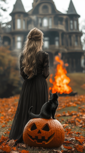 A spooky witch by the bonfire in autumn