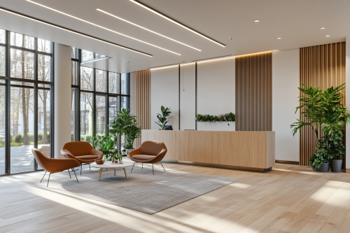 A stylish bank interior with modern seating.