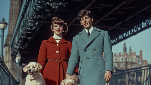 A stylish couple walking fancy poodles near London.