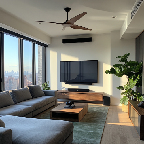 A stylish living room with high ceilings and art