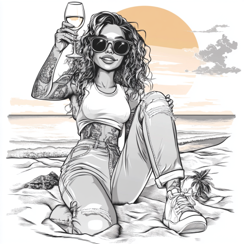 A stylish woman enjoying wine on sandy beach