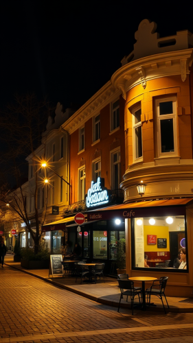 A stylized cafe and building on nighttime street.