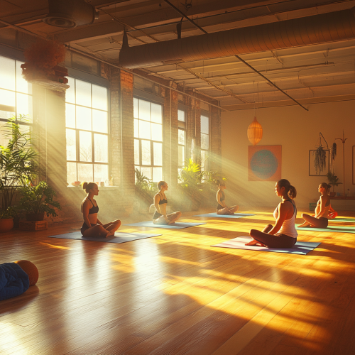 A sunny yoga studio with diverse, calm group.
