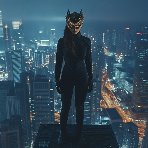 A superhero Asian girl on a city roof