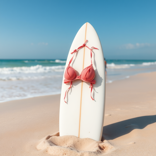 A surfboard in sand with bikini top draped.