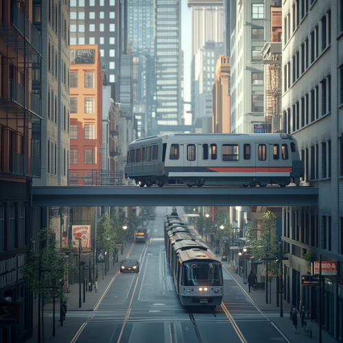 A surreal train passes through urban buildings