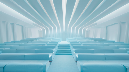 A symmetrical blue seat auditorium in bright light