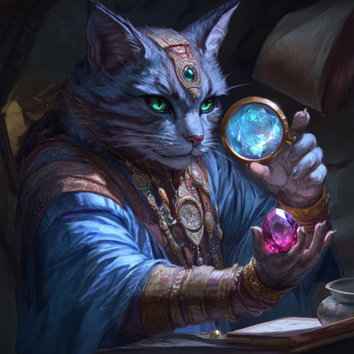 A tabaxi examining large ruby with magnifying glass.