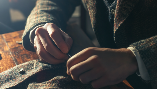 A tailor's hands sewing tweed jacket for Vogue.