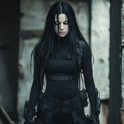 A tall female vampire in black combat gear.