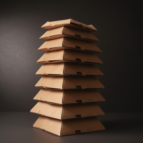 A tall tower of identical pizza boxes