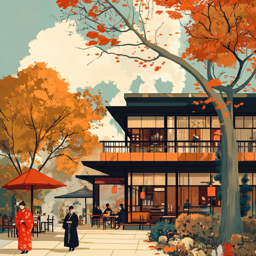 A tea house with people in robes