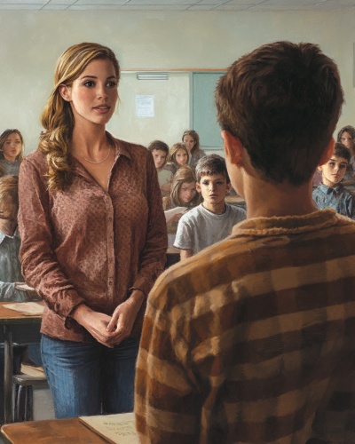A teacher talking to boy in classroom