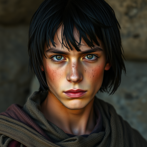 A teenage medieval boy with black hair and dirty face
