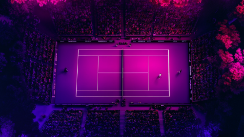 A tennis match with spectators under purple sky