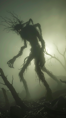 A terrifying creature in a dark, desolate landscape