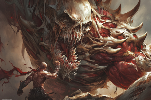 A terrifying monster with bone armor punching aggressively.