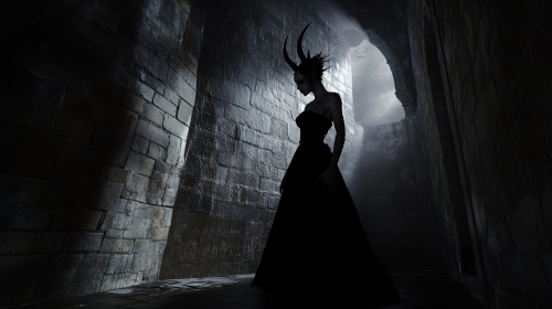 A terrifying woman with black horns in castle