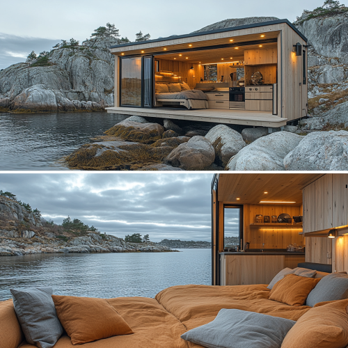 A tiny home with cozy interior on fjord