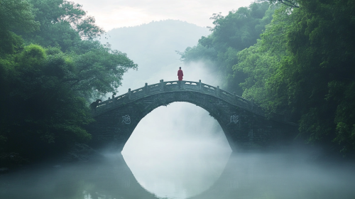 A tiny monk on ancient stone bridge in misty landscape