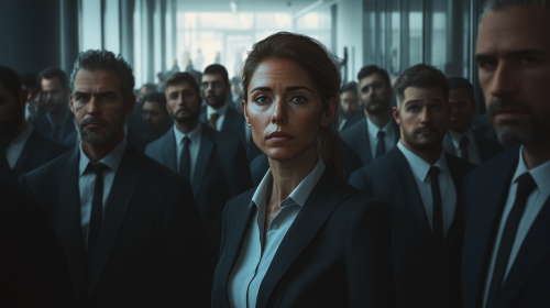 A tired executive woman in busy office scene