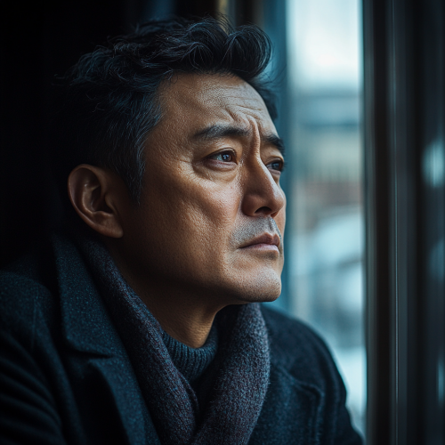 A tired Korean man looks out window in dim room