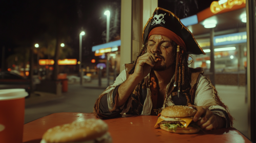 A tired pirate enjoys late-night burger party