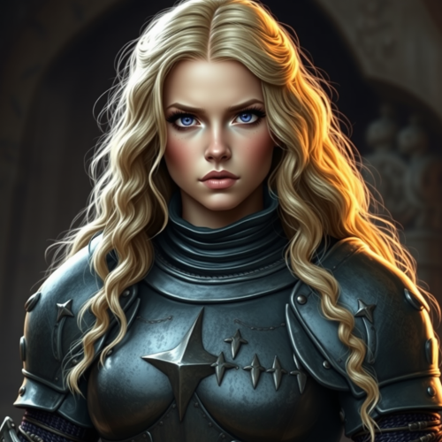 A tough medieval warrior woman with wavy blonde hair.