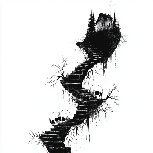 A treacherous staircase leads to forest and cave.