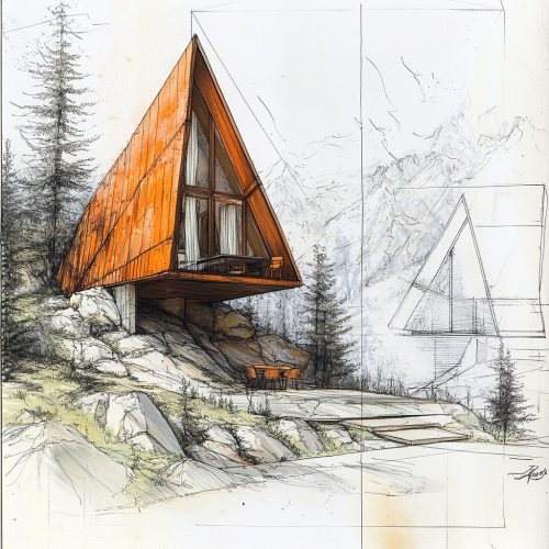 A triangle cabin with window curtains and mountain view. A triangle cabin with window curtains and mountain view.