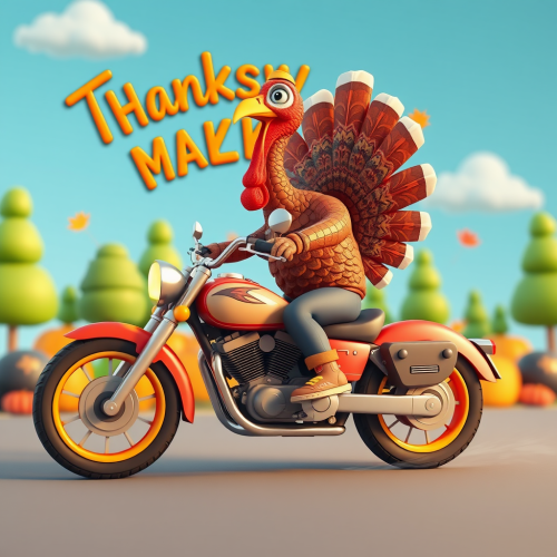 A turkey riding a motorcycle for Thanksgiving.