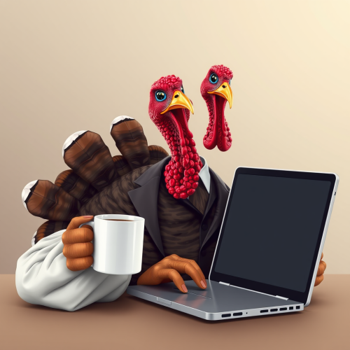 A turkey working in office on laptop screen.