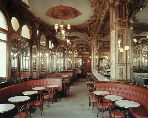 A view of a Parisian cafe with circular tables.