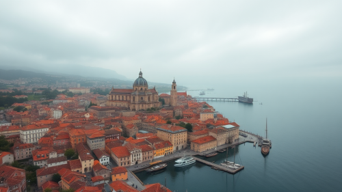 A view of a medieval harbor city.