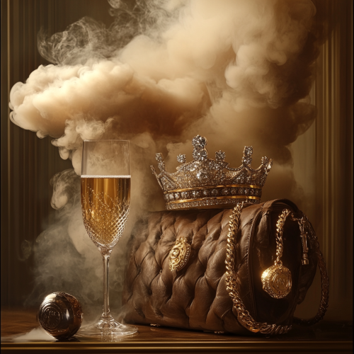 A vintage image of diamonds, gold crown, handbag, champagne. A vintage image of diamonds, gold crown, handbag, champagne.