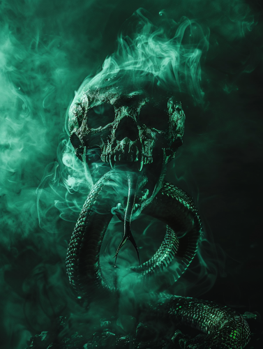 A viper snake coils around a skull, emitting mist
