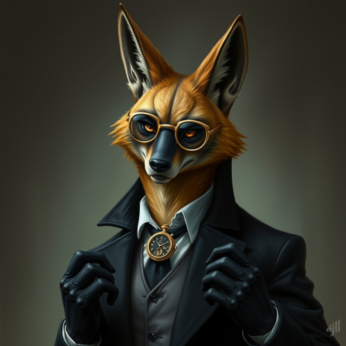 A well-dressed jackal-headed arcanaloth with gold eyes.