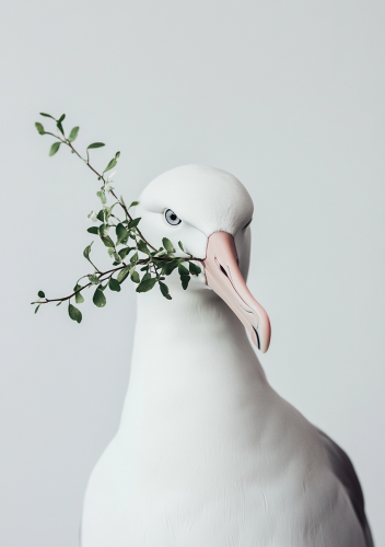 A white albatross holding small greenery in beak.