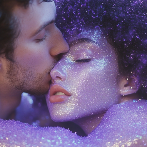 A white guy kisses glittery girl on neck