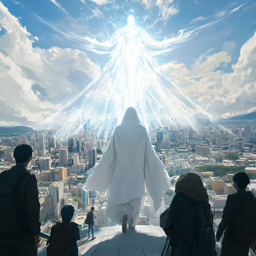 A white-robed spirit descends to meet people