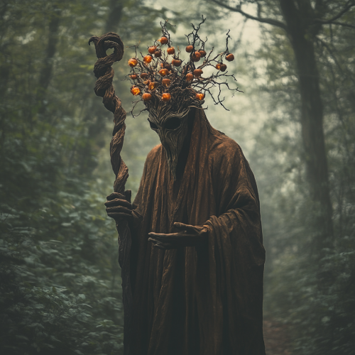 A wise sorcerer in mystical forest with lanterns