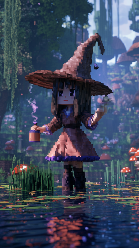 A witch Alex in Minecraft swamp with potion.