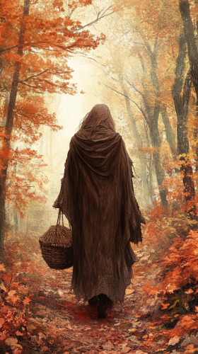 A witch walking in autumn forest with cloak