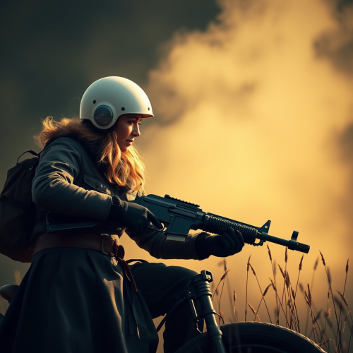 A witch with a vintage machine gun.