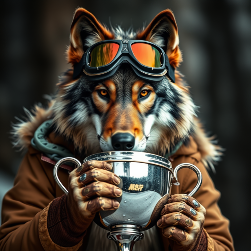 A wolf with goggles relaxes with its trophy.