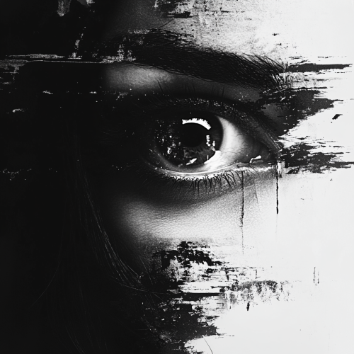 A woman's eye wide open in a glitchy picture.